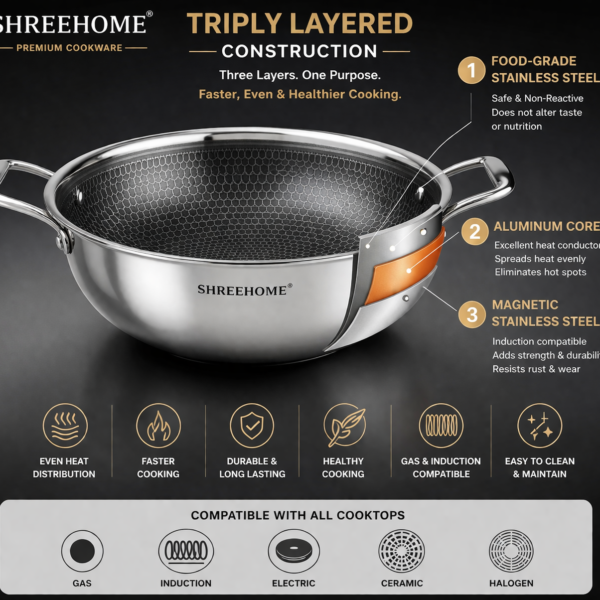 SHREEHOME TRIPLY HONEYCOMB KADAI 30CMS - Image 6
