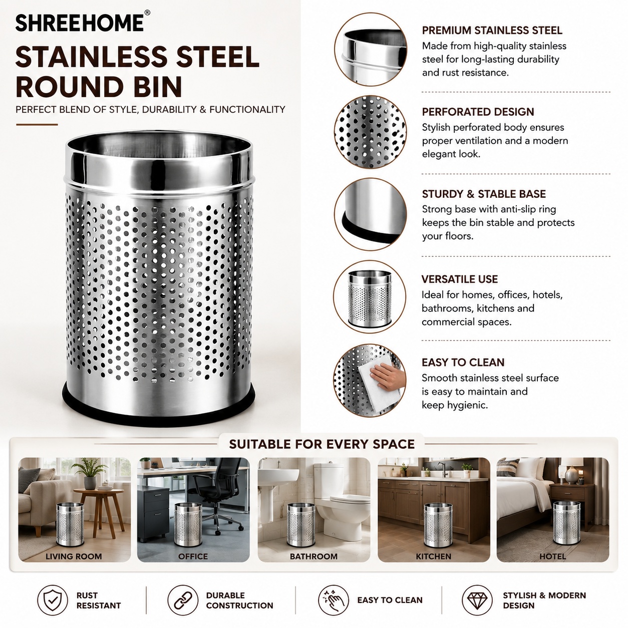 a_clean_commercial_product_listing_infographic_i SHREEHOME STAINLESS STEEL PERFORATED HAMPER 8″ X 12″ - Image 1