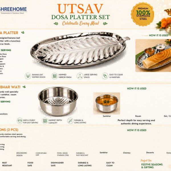 Stainless Steel Dosa Platter Set OF 10 - 2 PLATTERS , 4 WATIS AND 4 SPOONS - Image 7