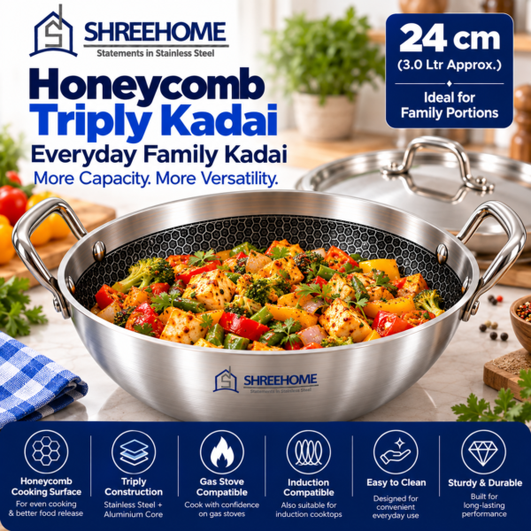 SHREEHOME 24 cm Honeycomb Triply Kadai with paneer and vegetable stir-fry