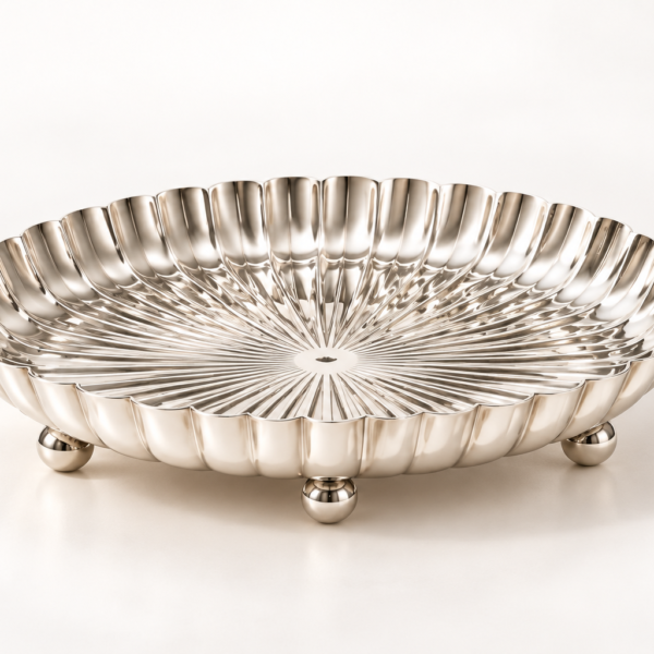 SHREEHOME RAJAT silver-plated footed platter with fluted rim and rounded feet, studio view