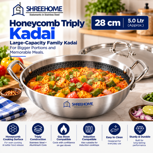 SHREEHOME 28 cm Honeycomb Triply Kadai with stainless steel lid, large-capacity family size