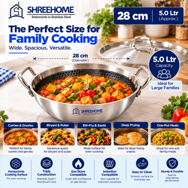28 cm SHREEHOME Honeycomb Triply Kadai with 5.0 litre capacity, ideal for large families