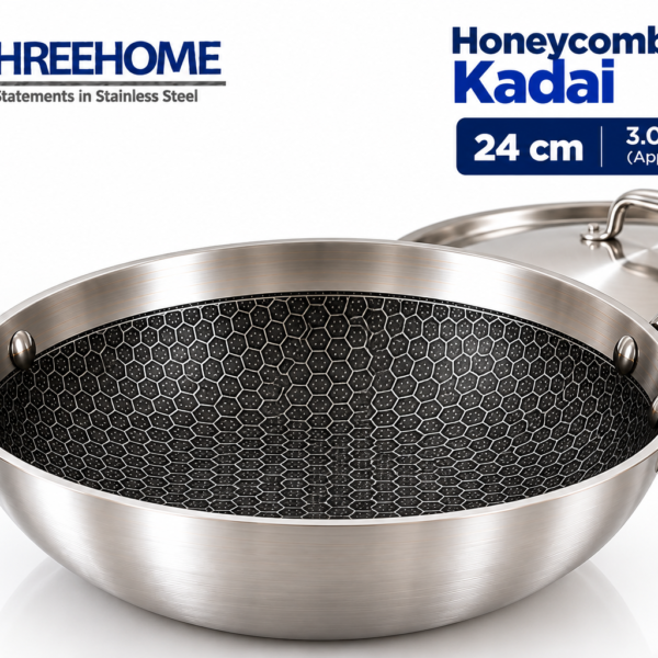 SHREEHOME 24 cm Honeycomb Triply Kadai with 100% stainless steel lid
