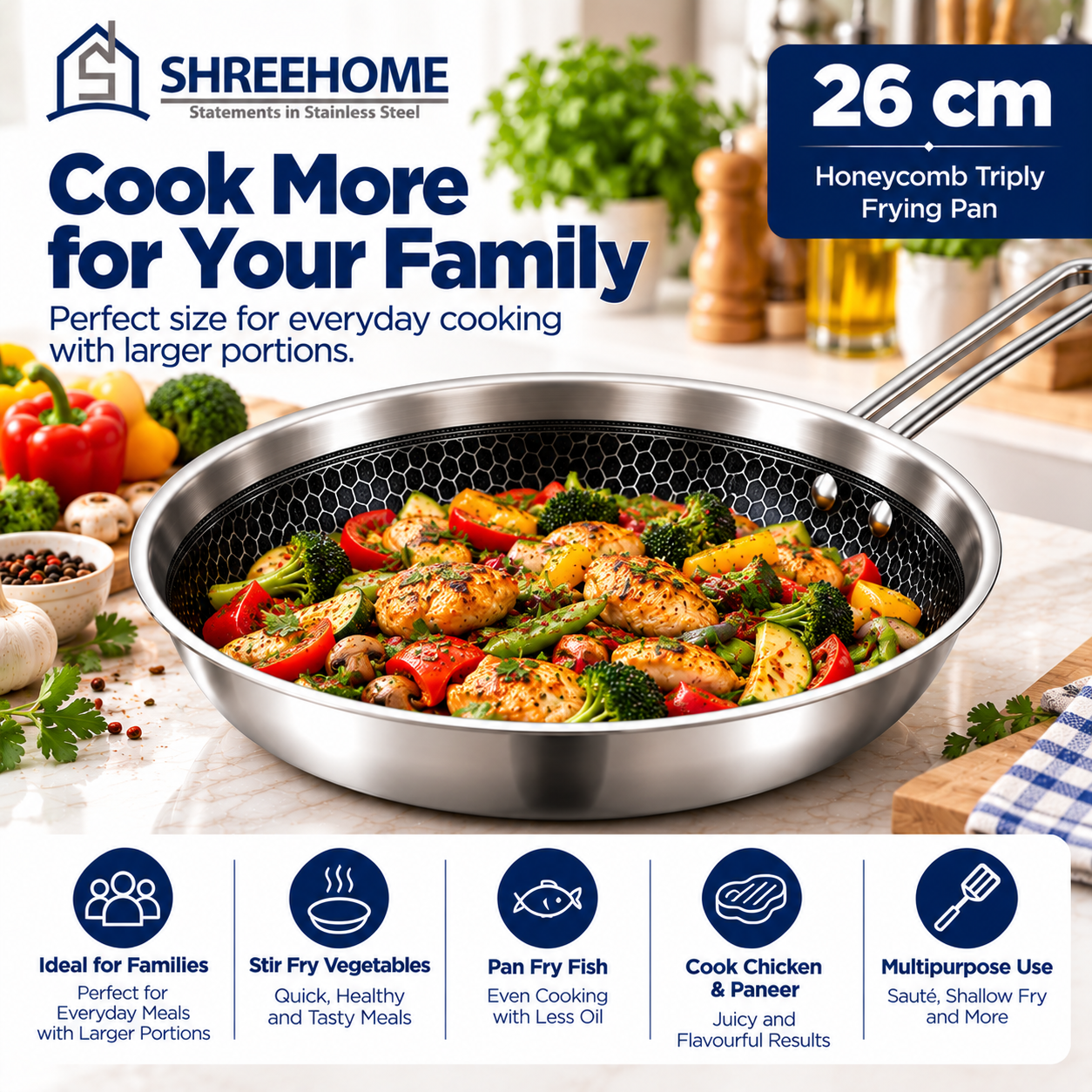 honeycomb frying pan 26cms 1 SHREEHOME Honeycomb Triply Frying Pan – 26 cm Family Size Pan - Image 1