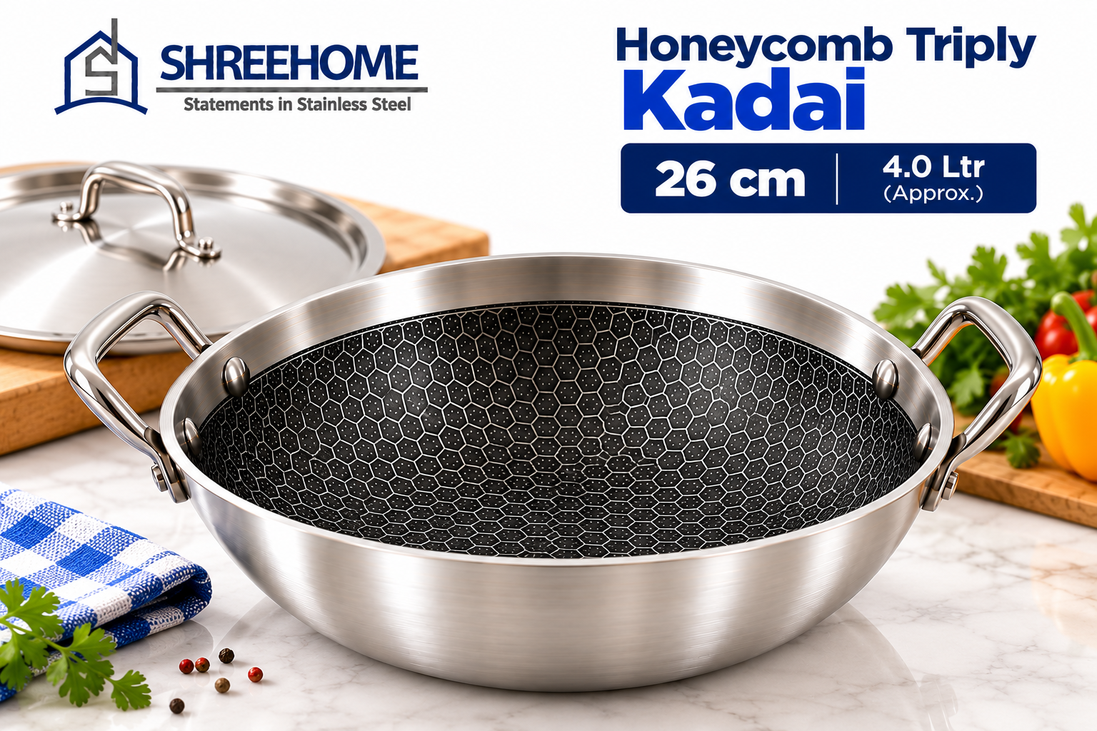 honeycomb kadai 26cms 1 SHREEHOME Honeycomb Triply Kadai – 26 cm | 4.0 L | Large Family Kadai with Stainless Steel Lid - Image 1